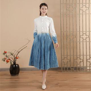 Long-sleeve Indigo Dyed A-line Shirt Dress