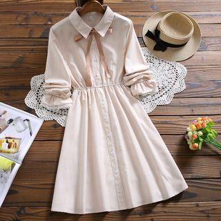 Long-sleeve Buttoned Ribbon A-line Midi Dress