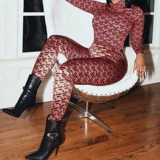 Set: Printed Mock-neck Long Sleeve T-shirt + Printed High-waist Skinny Pants