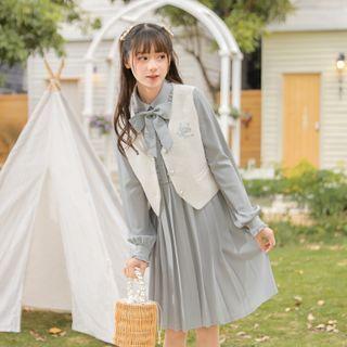 Bow-neck Pleated Midi A-line Dress / Button-up Vest