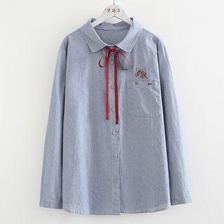 Cat Embroidery Striped Long-sleeve Blouse