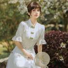 Puff-sleeve Floral Midi A-line Qipao Dress