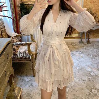 Balloon-sleeve Patterned Tie-front A-line Dress
