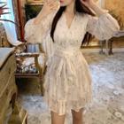Balloon-sleeve Patterned Tie-front A-line Dress