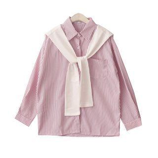 Two Tone Striped Oversize Button-up Shirt / Plaid Cape Stripe - Red Shirt + White Cape - One Size