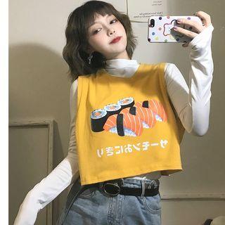 Sushi Print Cropped Tank Top / Long-sleeve Mock-neck T-shirt