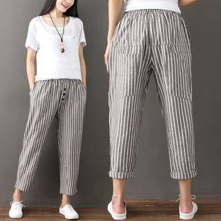 Striped Band-waist Straight-cut Cropped Pants