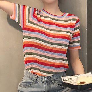 Short-sleeve Striped Pointelle Knit Top Stipe - Rainbow - One Size