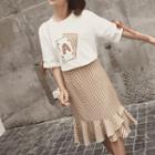 Set: Embroidered Elbow-sleeve T-shirt + Plaid Ruffle Hem A-line Skirt