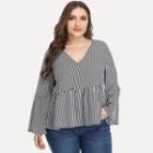 Plus Size Bell-sleeve V-neck Striped Blouse