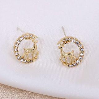 Rhinestone Moon & Deer Earring A229 - White & Gold - One Size