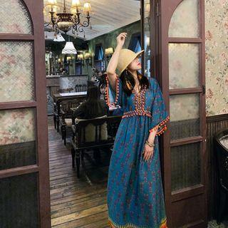 Patterned 3/4-sleeve Maxi A-line Dress