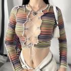 Long-sleeve Lace Up Striped T-shirt