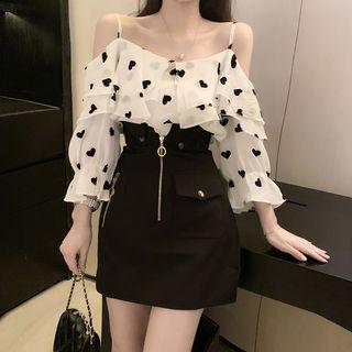 Heart Printed Layered Off-shoulder Blouse / High-waist Zipped Skirt