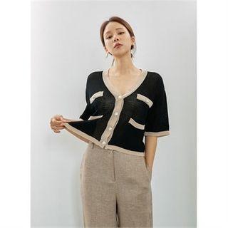 Elbow-sleeve Contrast-trim Summer Cardigan