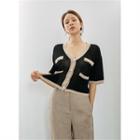 Elbow-sleeve Contrast-trim Summer Cardigan