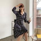 V-neck Lace-trim Floral Dress Navy Blue - One Size