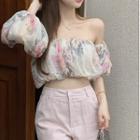 Off-shoulder Flower Print Crop Top / Plain Shorts