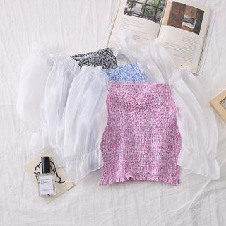 Patchwork Boatneck Smocked Crop Top