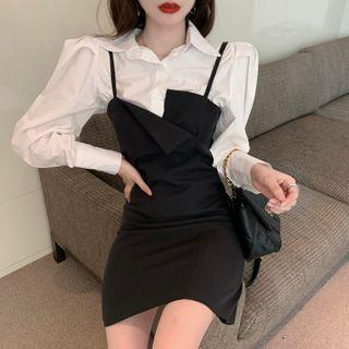Puff-sleeve Blouse / Asymmetrical Spaghetti Strap Mini A-line Dress