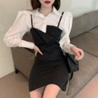 Puff-sleeve Blouse / Asymmetrical Spaghetti Strap Mini A-line Dress