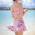 Set: Halter-neck Floral Print Bikini Top + Crop Swim Top + Swim Skort