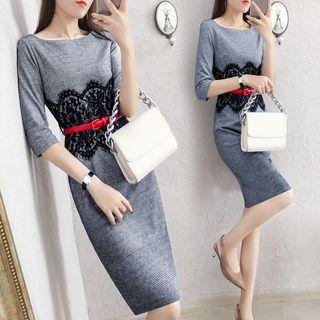 3/4-sleeve Lace Panel Patterned Dress