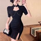 Elbow-sleeve Mock-neck Cut-out Slit Mini Sheath Dress