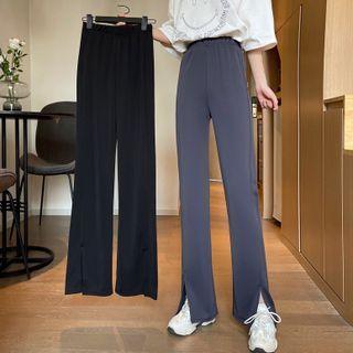 High-waist Plain Side-slit Boot-cut Pants