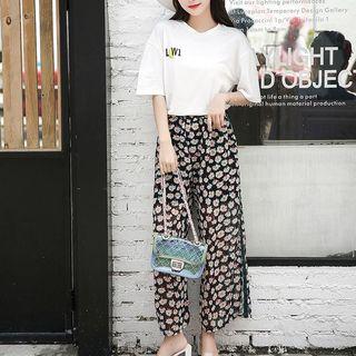 Set: Short-sleeve T-shirt + Floral Wide Leg Pants