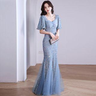V-neck Glitter Mermaid Evening Gown