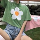 Short-sleeve Flower Print Mock-neck Cropped T-shirt Green - One Size