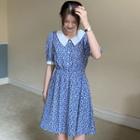 Short-sleeve Floral Print Open Back A-line Dress