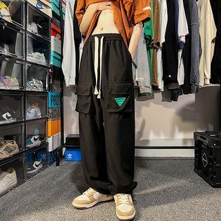 High-waist Drawstring Applique Quilted Cargo Sweatpants