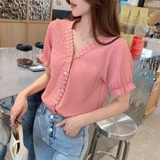 Puff Sleeve V-neck Lace Panel Blouse