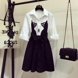 Mock Two-piece Long-sleeve Cat Print Mini A-line Dress