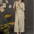 Short-sleeve Wide-leg Jumpsuit With Scarf - Almond - One Size