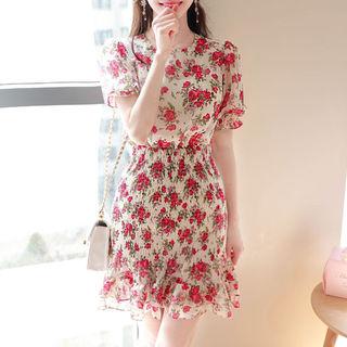Layered-hem Smocked-panel Rosette Dress
