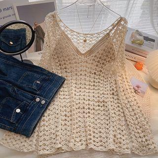 Set: Long-sleeve V-neck Perforated Knit Top + Plain Padded Camisole Top Almond - One Size