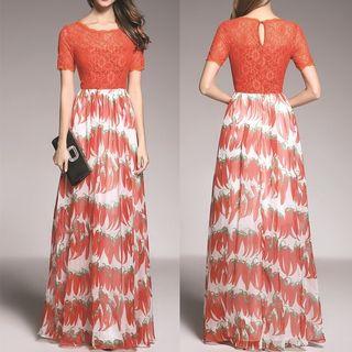 Short-sleeve Embroidered Printed A-line Evening Gown