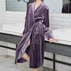 Contrast Trim Tie-waist Fleece Robe