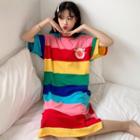 Striped Lettering Elbow-sleeve Midi Sleep Dress