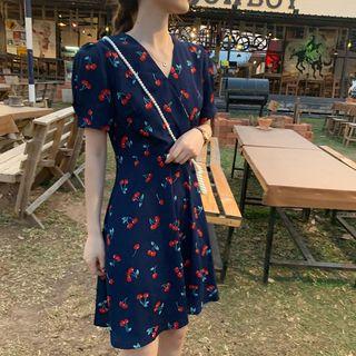 Short-sleeve V-neck Cherry Print A-line Chiffon Dress Navy Blue - One Size