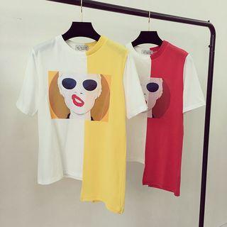 Color Panel Printed Short-sleeve T-shirt
