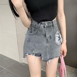 High-waist Distressed A-line Mini Skirt