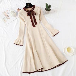 Contrast Trim Long-sleeve Knit Midi A-line Dress