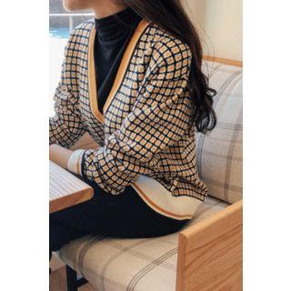 V-neck Plaid Knit Cardigan Mustard Yellow - One Size