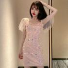 Sequined Mesh Short-sleeve Mini Bodycon Dress