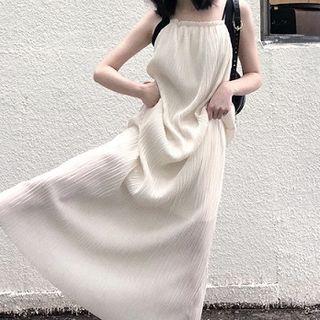 Plain Frilled Spaghetti Strap Dress Almond - One Size
