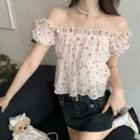 Off-shoulder Floral Print Shirred Blouse Red Floral - White - One Size